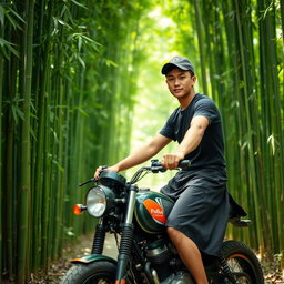 A young man dressed in a black sarong and a black t-shirt, wearing a kopiah (head cap), riding a stylish café racer motorcycle through a lush bamboo grove