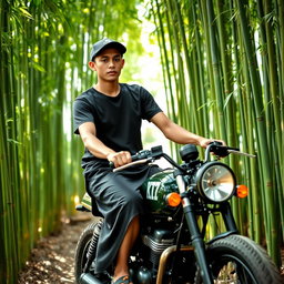 A young man dressed in a black sarong and a black t-shirt, wearing a kopiah (head cap), riding a stylish café racer motorcycle through a lush bamboo grove