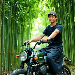 A young man dressed in a black sarong and a black t-shirt, wearing a kopiah (head cap), riding a stylish café racer motorcycle through a lush bamboo grove