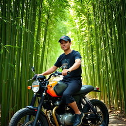 A young man dressed in a black sarong and a black t-shirt, wearing a kopiah (head cap), riding a stylish café racer motorcycle through a lush bamboo grove