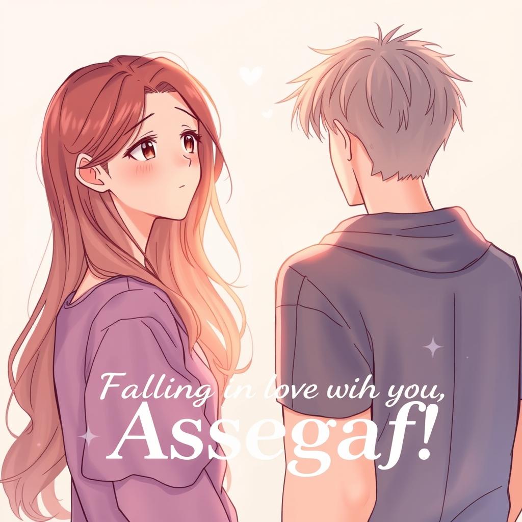 A novel cover illustration titled 'Falling in love with you, Assegaf!' featuring the main character, Cessa, looking at Assegaf with a sense of affection and longing