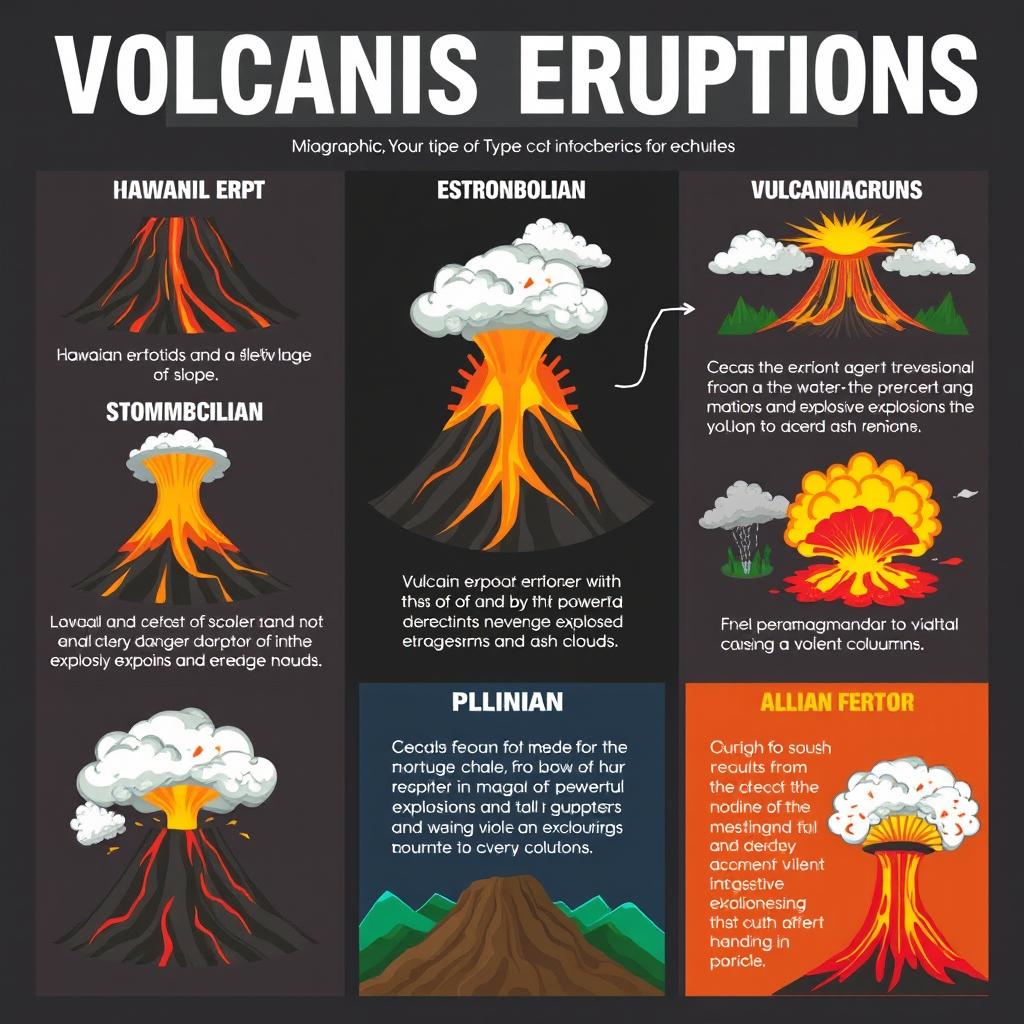 Infographic detailing the different types of volcanic eruptions including characteristics for each type