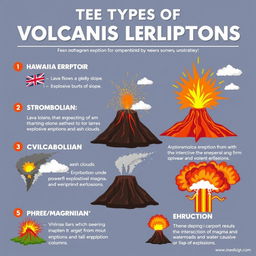 Infographic detailing the different types of volcanic eruptions including characteristics for each type
