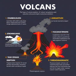 Infographic detailing the different types of volcanic eruptions including characteristics for each type