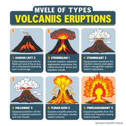 Infographic detailing the different types of volcanic eruptions including characteristics for each type