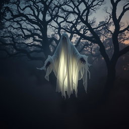 A haunting and eerie image of a Pocong, a ghostly figure from Indonesian folklore, wrapped in a white shroud, floating above a misty forest floor at twilight