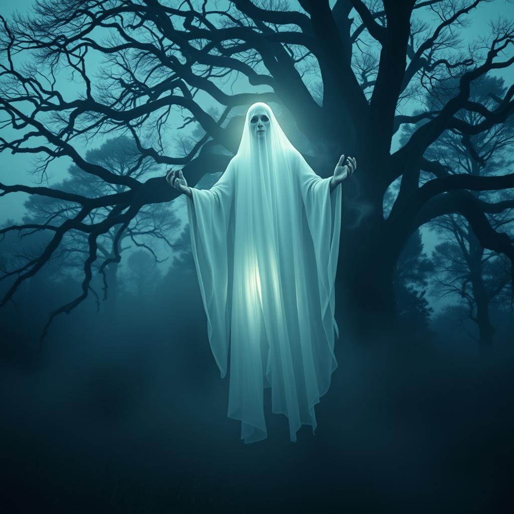A haunting and eerie image of a Pocong, a ghostly figure from Indonesian folklore, wrapped in a white shroud, floating above a misty forest floor at twilight
