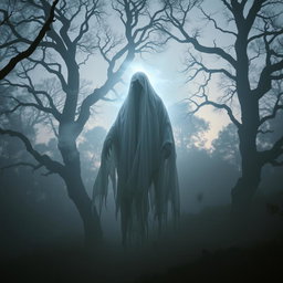 A haunting and eerie image of a Pocong, a ghostly figure from Indonesian folklore, wrapped in a white shroud, floating above a misty forest floor at twilight