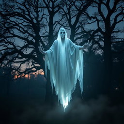 A haunting and eerie image of a Pocong, a ghostly figure from Indonesian folklore, wrapped in a white shroud, floating above a misty forest floor at twilight