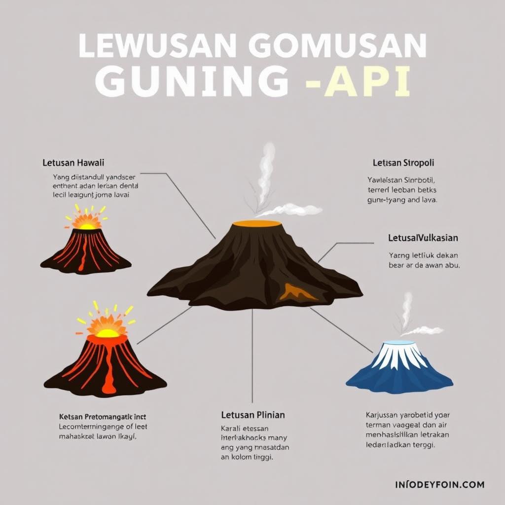 Infografis yang menjelaskan berbagai tipe letusan gunung api beserta karakteristik masing-masing
