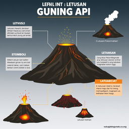 Infografis yang menjelaskan berbagai tipe letusan gunung api beserta karakteristik masing-masing
