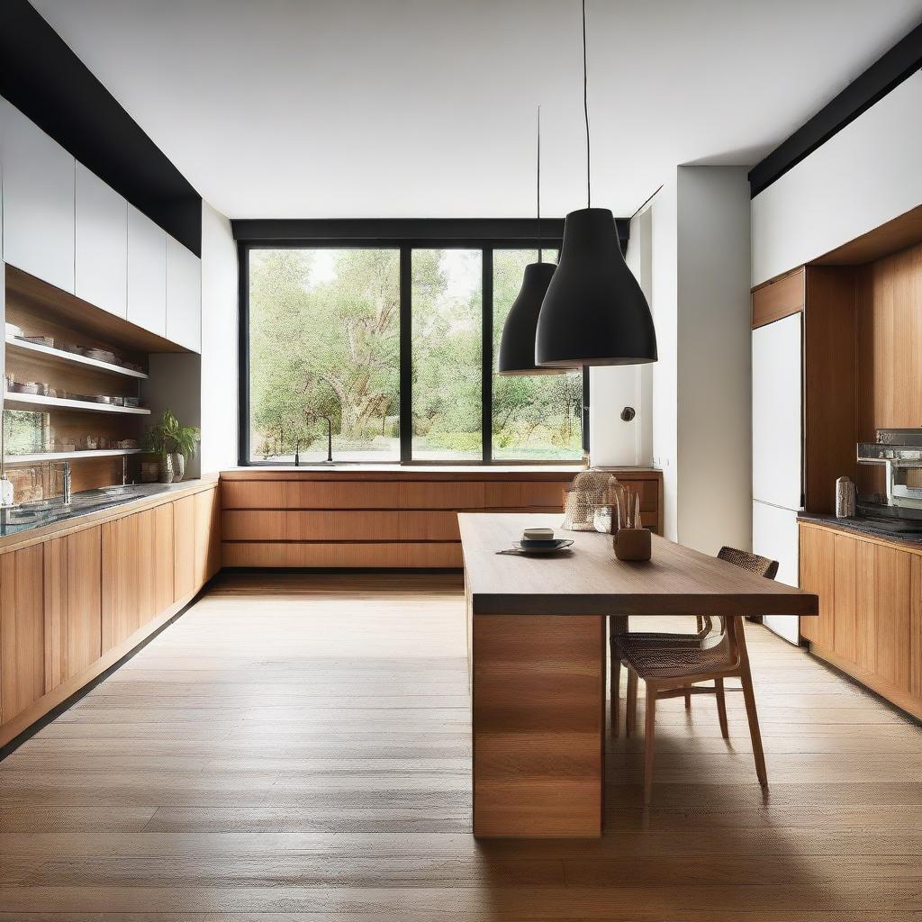 A modern, high-end kitchen featuring a sleek timber island bench, repurposed as if it was an exquisite piece of vintage furniture, creating a striking contrast.