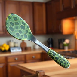 A kitchen spatula designed with a handle inspired by the end of a turtle's shell