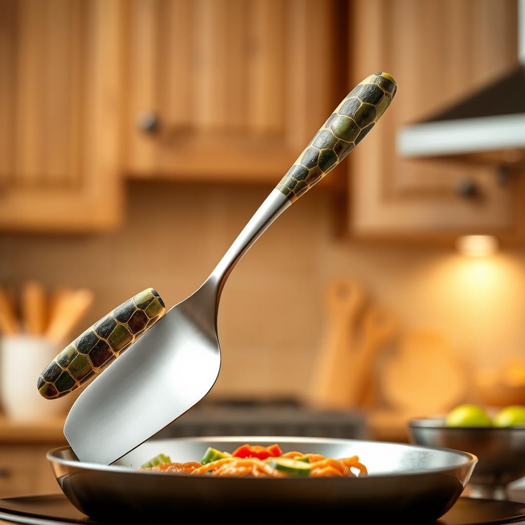 A kitchen spatula designed with a handle inspired by the end of a turtle's shell