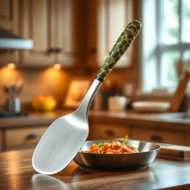 A kitchen spatula designed with a handle inspired by the end of a turtle's shell