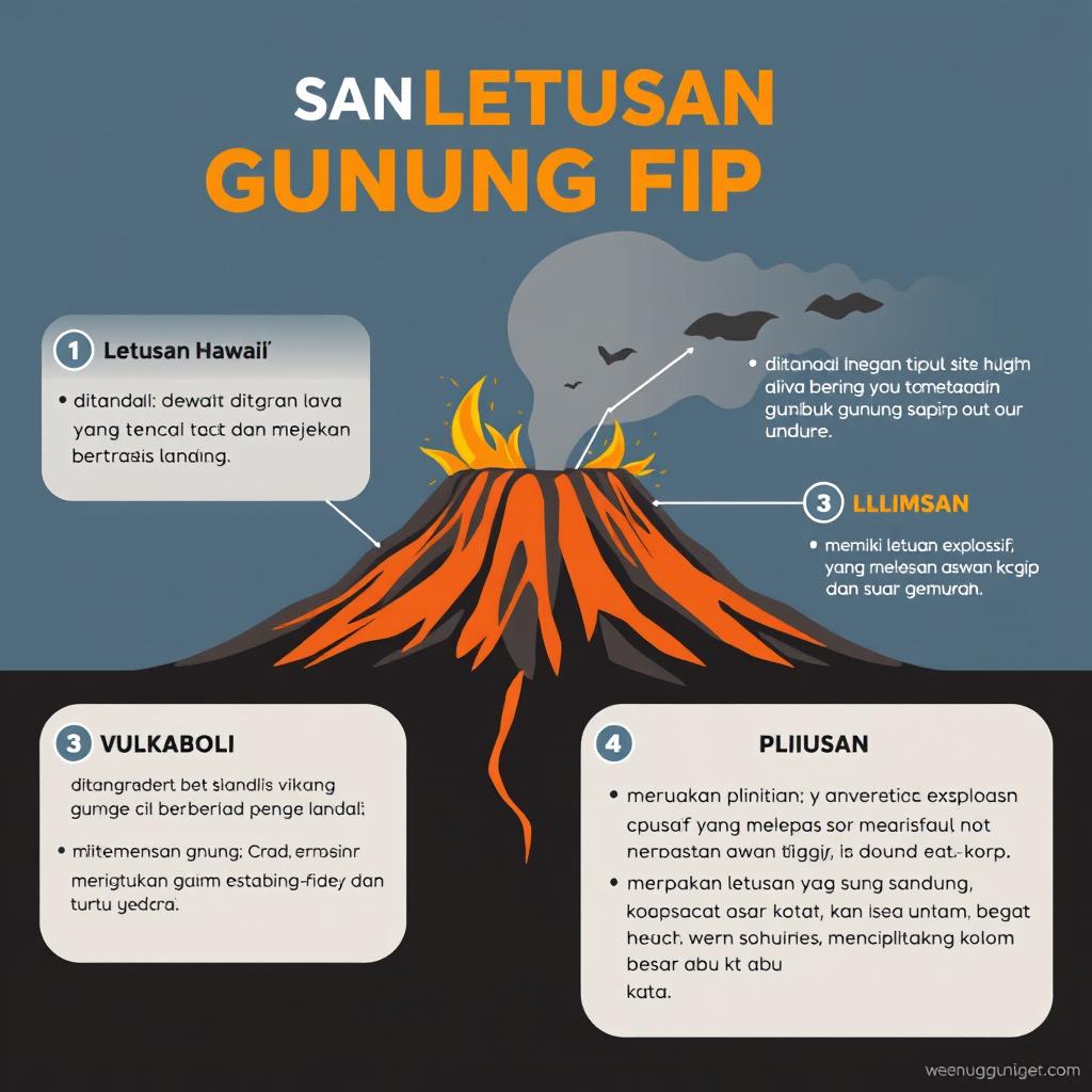 Infografis menarik mengenai tipe-tipe letusan gunung api, lengkap dengan penjelasan karakteristik setiap tipe
