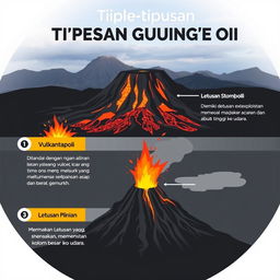 Infografis menarik mengenai tipe-tipe letusan gunung api, lengkap dengan penjelasan karakteristik setiap tipe