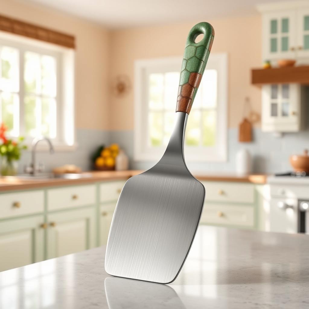 A kitchen spatula creatively redesigned with the end of the handle shaped like a turtle's body
