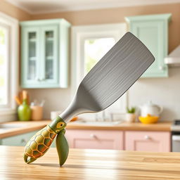 A kitchen spatula creatively redesigned with the end of the handle shaped like a turtle's body