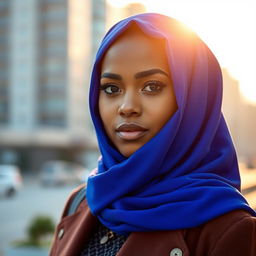 A beautiful young Muslim woman wearing a hijab and a fashionable outfit