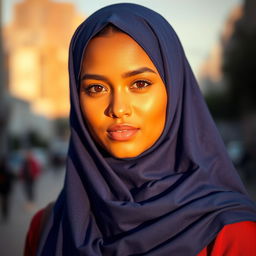 A beautiful young Muslim woman wearing a hijab and a fashionable outfit