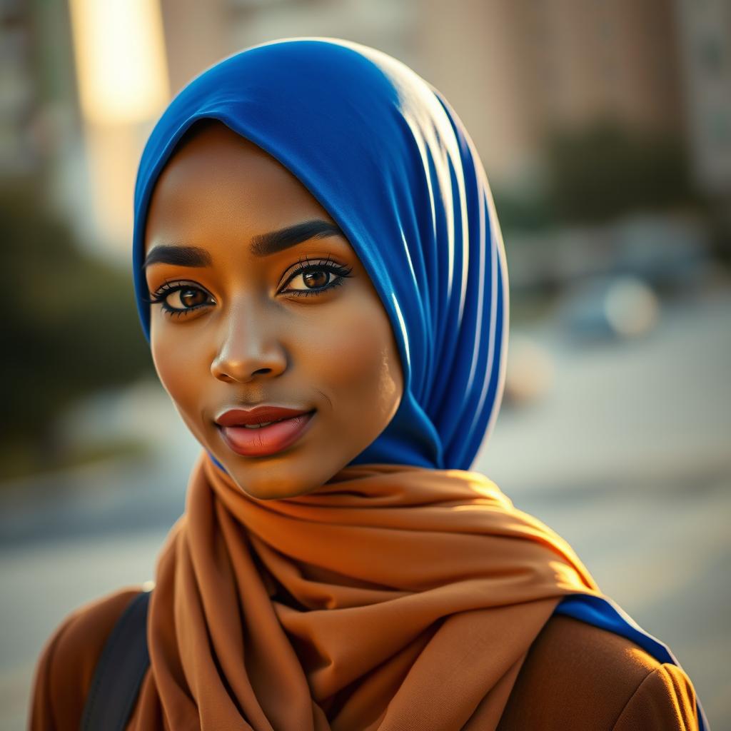A beautiful young Muslim woman wearing a hijab and a fashionable outfit
