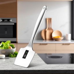 A modern kitchen spatula featuring a sleek, curved handle that is ergonomically designed for comfort and ease of use