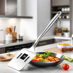 A modern kitchen spatula featuring a sleek, curved handle that is ergonomically designed for comfort and ease of use