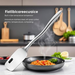 A modern kitchen spatula featuring a sleek, curved handle that is ergonomically designed for comfort and ease of use