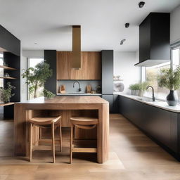 A modern, high-end kitchen featuring a sleek timber island bench, repurposed as if it was an exquisite piece of vintage furniture, creating a striking contrast.