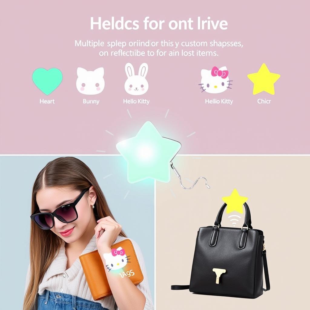 A stylish and playful device designed to help find lost items, showcasing multiple options for custom shapes including a heart, bunny, Hello Kitty, and star