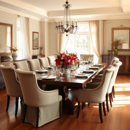 A beautifully designed dining room featuring a large wooden dining table surrounded by elegant upholstered chairs