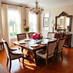 A beautifully designed dining room featuring a large wooden dining table surrounded by elegant upholstered chairs