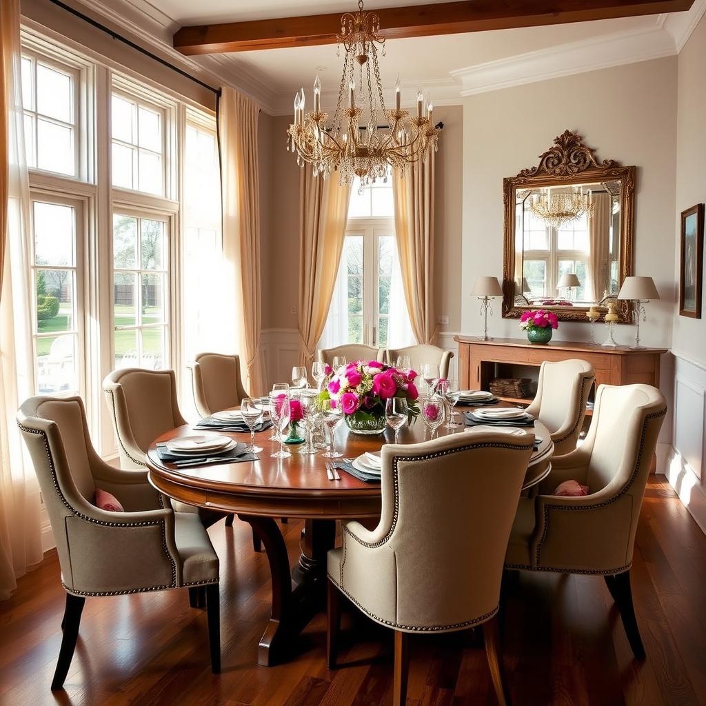 A beautifully designed dining room featuring a large wooden dining table surrounded by elegant upholstered chairs