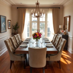 A beautifully designed dining room featuring a large wooden dining table surrounded by elegant upholstered chairs