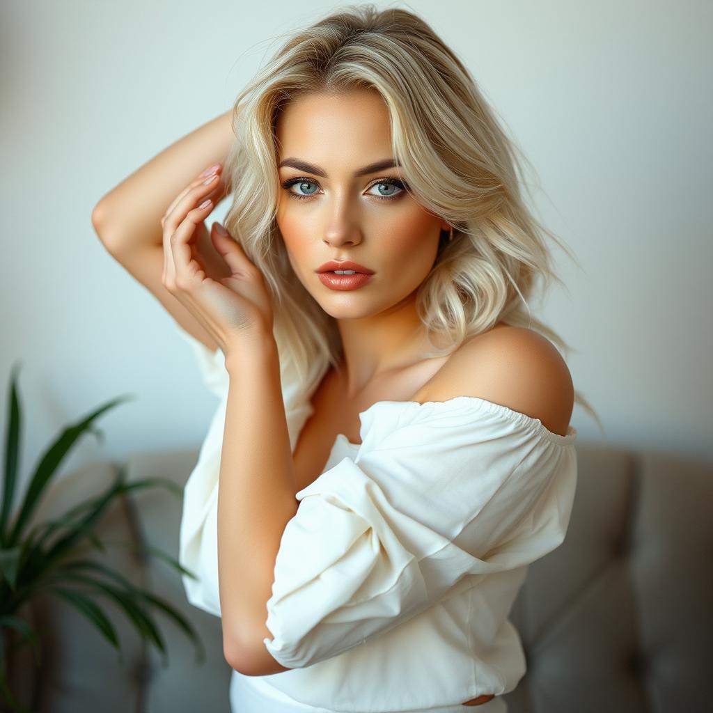 A 25-year-old white blonde woman posing gracefully in an artistic and tasteful manner, showcasing the beauty of the female form with soft lighting accentuating her features