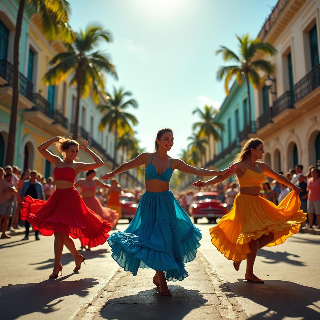 A vibrant scene capturing Cuban street dancers performing an energetic salsa routine on a lively street in Havana, showcasing their colorful costumes in red, blue, and yellow, with tropical palm trees in the background