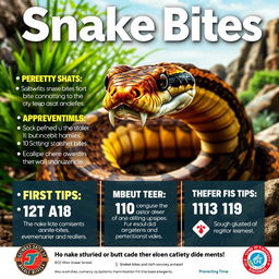 A dramatic and educational poster about snake bites, featuring a detailed illustration of a venomous snake coiled in a natural habitat, with a close-up of its fangs