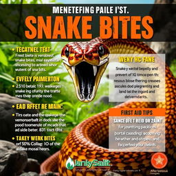 A dramatic and educational poster about snake bites, featuring a detailed illustration of a venomous snake coiled in a natural habitat, with a close-up of its fangs