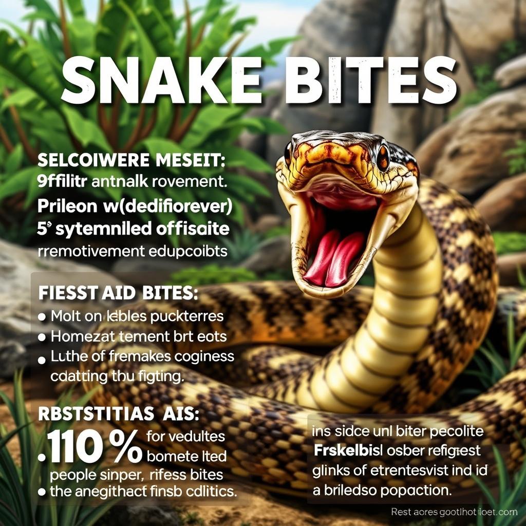 A dramatic and educational poster about snake bites, featuring a detailed illustration of a venomous snake coiled in a natural habitat, with a close-up of its fangs