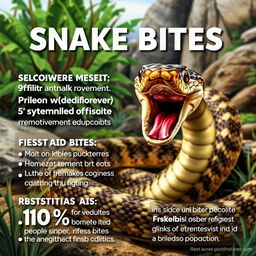 A dramatic and educational poster about snake bites, featuring a detailed illustration of a venomous snake coiled in a natural habitat, with a close-up of its fangs
