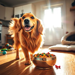 A cheerful golden retriever happily eating a bowl of colorful dog food in a bright, sunny kitchen