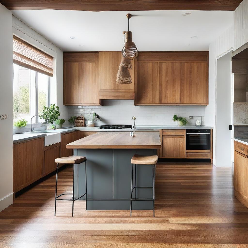 A modern, high-end kitchen featuring a sleek timber island bench, repurposed as if it was an exquisite piece of vintage furniture, creating a striking contrast.