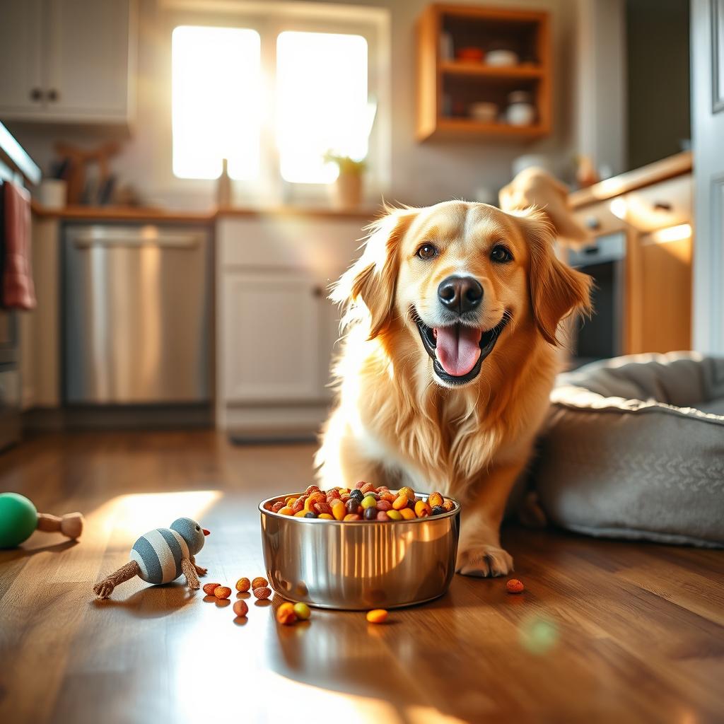 A cheerful golden retriever happily eating a bowl of colorful dog food in a bright, sunny kitchen