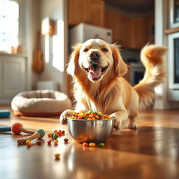 A cheerful golden retriever happily eating a bowl of colorful dog food in a bright, sunny kitchen