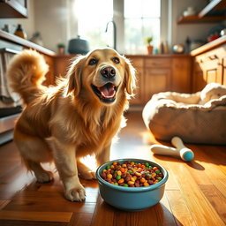 A cheerful golden retriever happily eating a bowl of colorful dog food in a bright, sunny kitchen