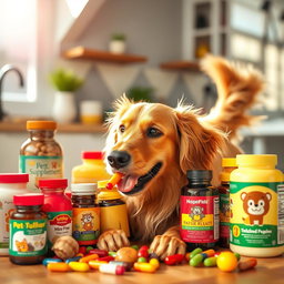 A playful dog surrounded by an assortment of colorful dietary supplements designed for pets