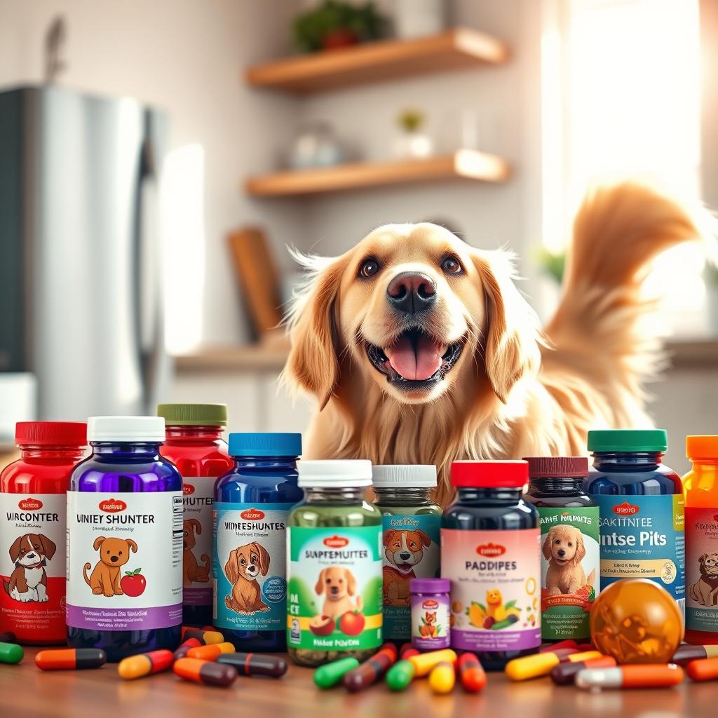 A playful dog surrounded by an assortment of colorful dietary supplements designed for pets