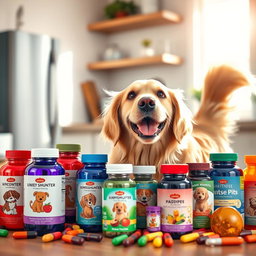 A playful dog surrounded by an assortment of colorful dietary supplements designed for pets