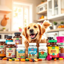 A playful dog surrounded by an assortment of colorful dietary supplements designed for pets